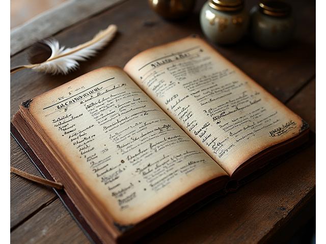 Carnet de recettes du 19ème siècle ouvert sur une table en bois.