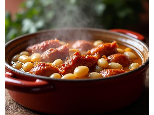 Cassoulet doré et gratiné, sortant du four, avec haricots, saucisse et confit de canard