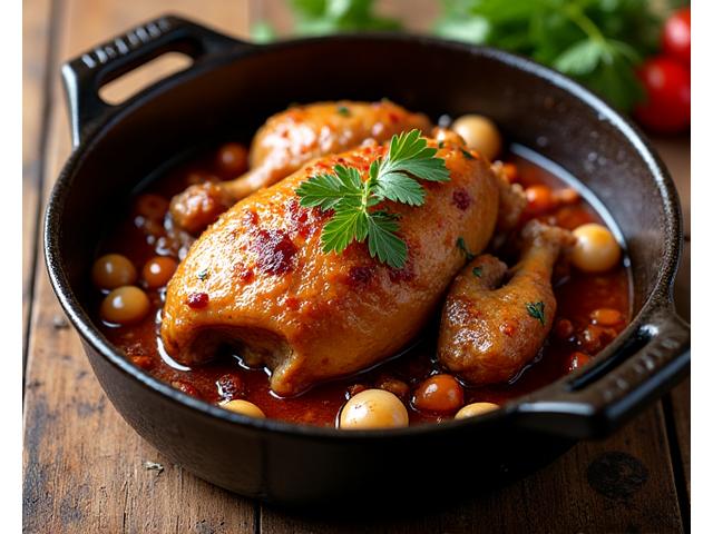 Coq au vin parfaitement mijoté et dressé par un élève