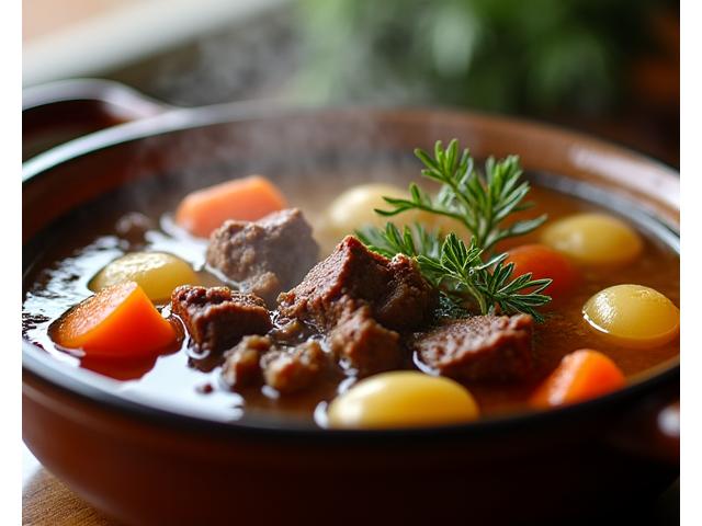 Pot-au-feu fumant avec des légumes colorés et de la viande tendre
