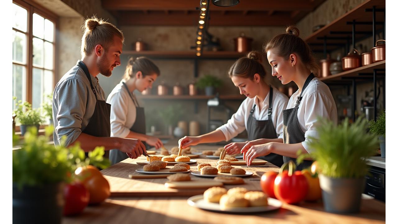 Photo immersive d'un atelier de cuisine traditionnelle en cours, avec des participants concentrés sur la préparation d'un plat français dans une cuisine rustique et élégante