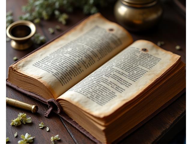 Une main tourne les pages d'un grand livre de recettes ancien, relié en cuir, avec des annotations et des illustrations. Des épices et un mortier à côté.