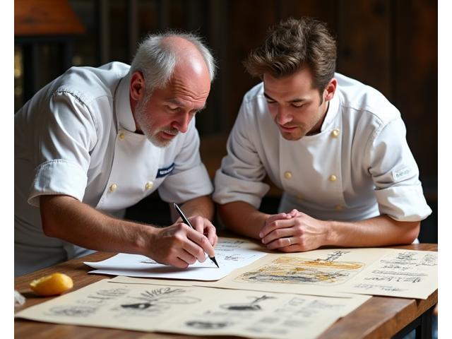 Chefs étoilés travaillant sur une nouvelle carte de menu avec des illustrations de recettes anciennes