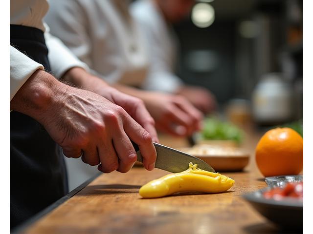Chef instructeur montrant une technique de cuisine ancestrale à une équipe de cuisiniers