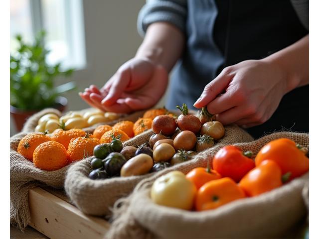 Mains d'un chef inspectant des légumes anciens et des épices rares
