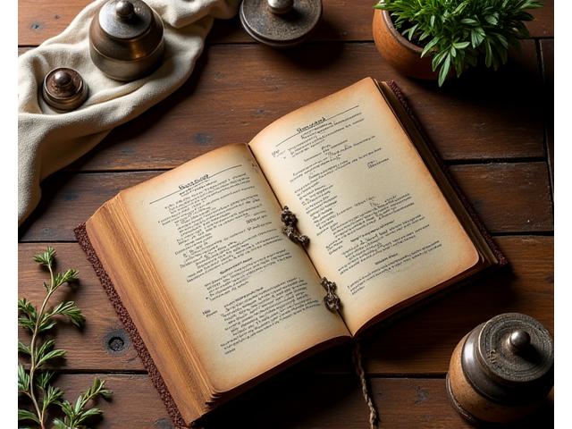 Livre de recettes anciennes ouvert montrant des croquis et des notes manuscrites, avec des épices autour