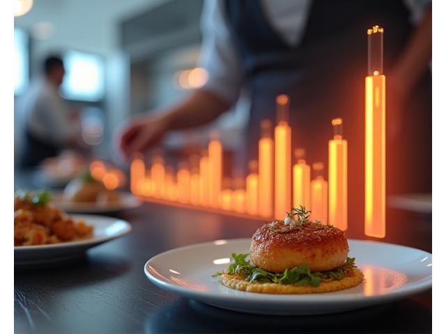 Graphique de performance avec des ustensiles de cuisine et des herbes en fond, symbolisant l'optimisation culinaire