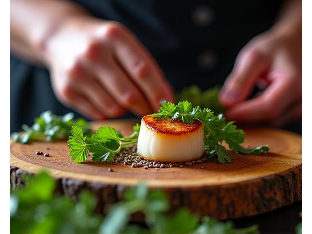 Art de la table : Mains d'un chef disposant des ingrédients sur une planche en bois
