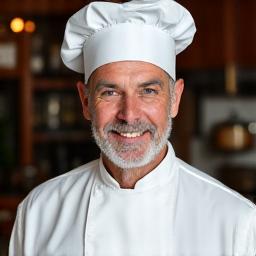 Portrait souriant du Chef Jean-Pierre, portant une toque de chef traditionnelle et tablier.