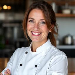 Portrait souriant de la Cheffe Sophie, regard confiant et moderne.