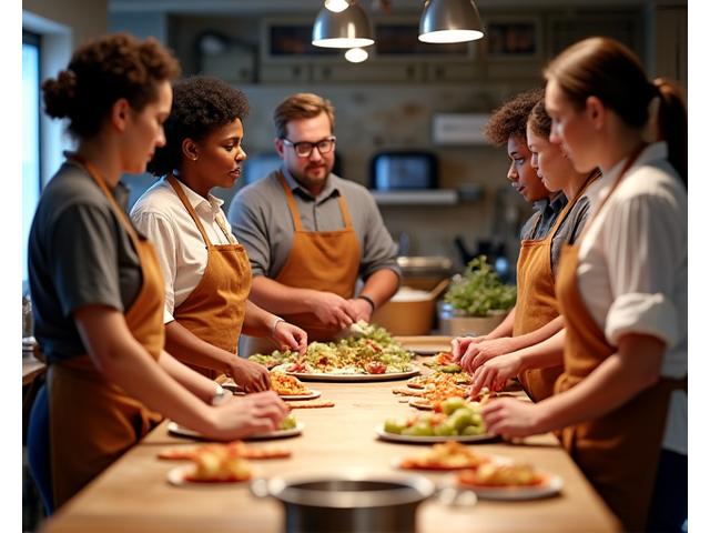 Un groupe d'employés d'entreprise collaborant autour d'un plan de travail de cuisine, chacun contribuant à la préparation d'un grand repas à trois services.
