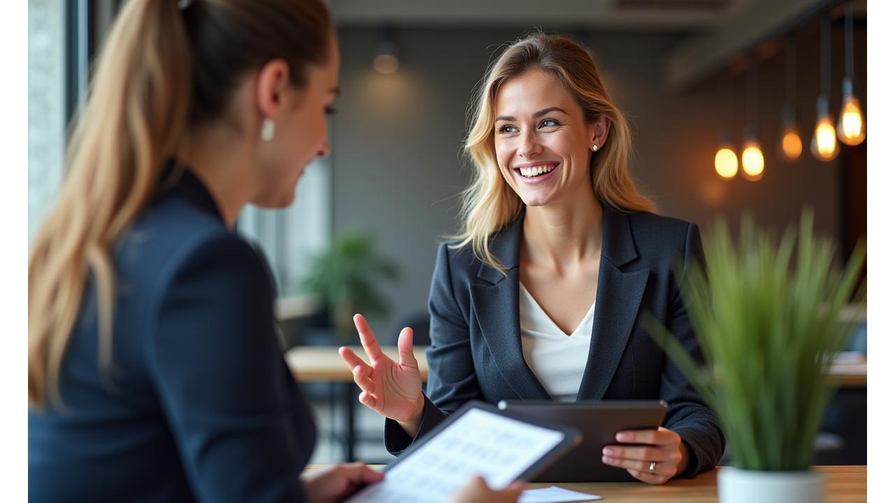 Une coordinatrice d'événements souriante discutant avec un client dans un bureau moderne, montrant l'organisation fluide et le professionnalisme.