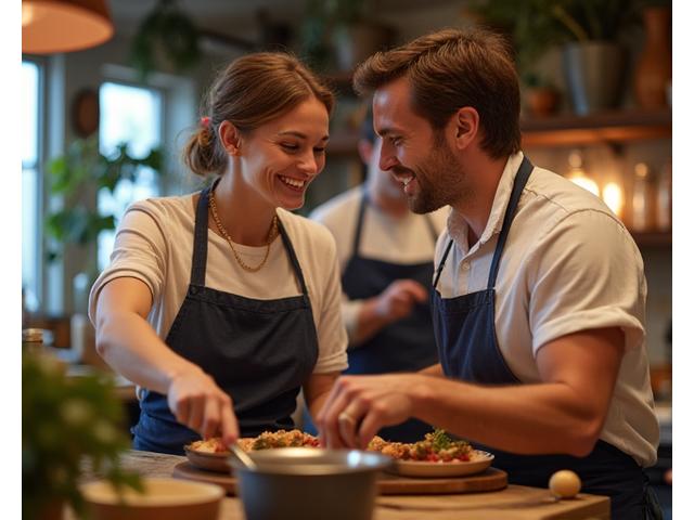 Un couple riant et travaillant ensemble pour préparer un plat gourmet sous la supervision bienveillante d'un chef à l'arrière-plan.