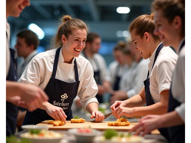 Des équipes d'entreprise, vêtues de toques de chef, s'affrontant dans une compétition culinaire animée, avec des juges goûtant les plats.