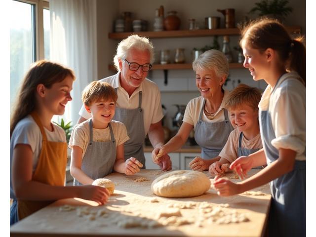 Une famille multi-générationnelle, incluant enfants et grands-parents, joyeusement préparant des plats traditionnels français ensemble dans une cuisine spacieuse.