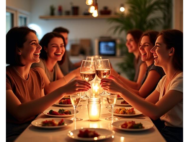 Un groupe d'amis souriants et célébrant autour d'une table, avec des plats élégamment dressés qu'ils ont préparés ensemble lors d'un atelier.