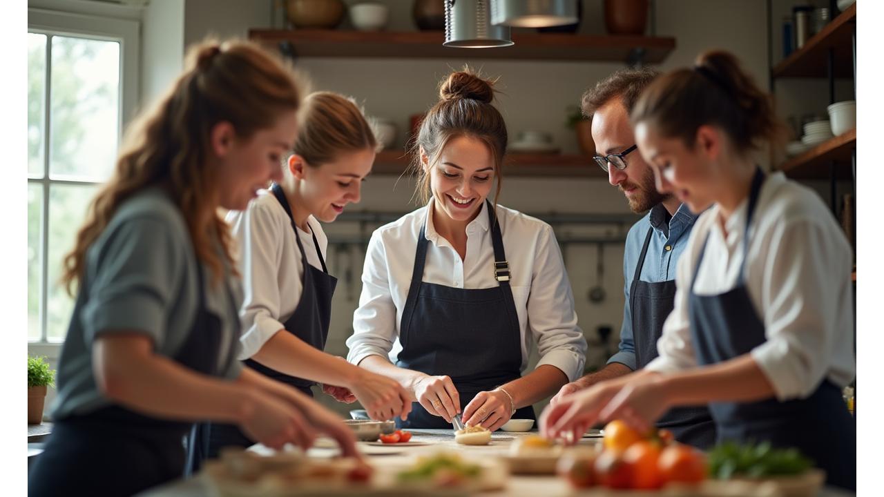 Un chef souriant encadrant un petit groupe de personnes, adultes et enfants, préparant des pâtisseries ensemble dans une cuisine lumineuse et traditionnelle, symbole de complicité.