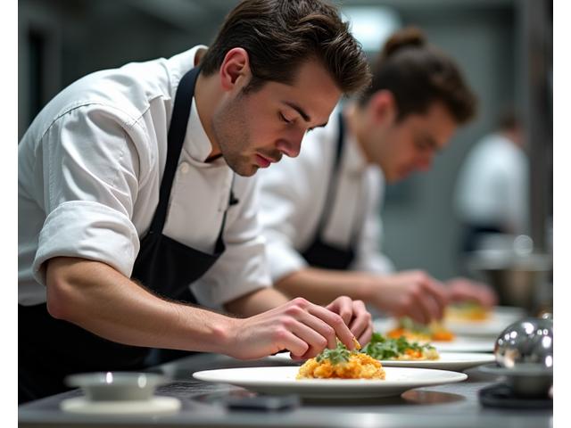 Un chef professionnel inspectant minutieusement le travail d'un élève lors d'un cours intensif de cuisine, mettant l'accent sur la précision et la technique.