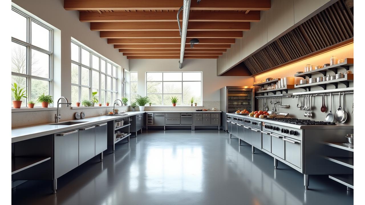 Vue panoramique d'un atelier de cuisine moderne et spacieux, avec plusieurs postes de travail bien équipés et lumineux.