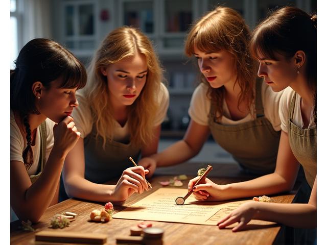 Un groupe de collègues résolvant une énigme sur un plan de travail de cuisine, avec des indices cachés parmi les ingrédients et ustensiles, dans une ambiance ludique.