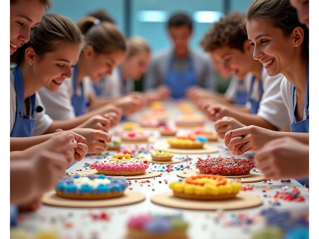 Des participants souriants décorant des pâtisseries colorées lors d'un concours, avec des créations variées et une atmosphère joyeuse.