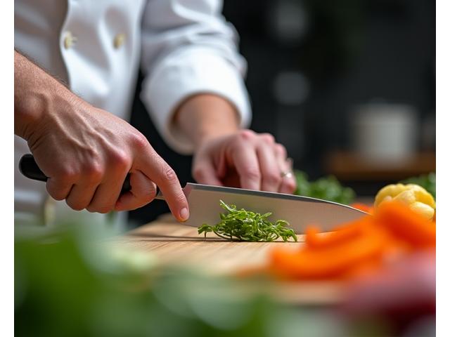 Un chef enseignant des techniques de découpe à un participant attentif, en gros plan sur les mains et les ustensiles.