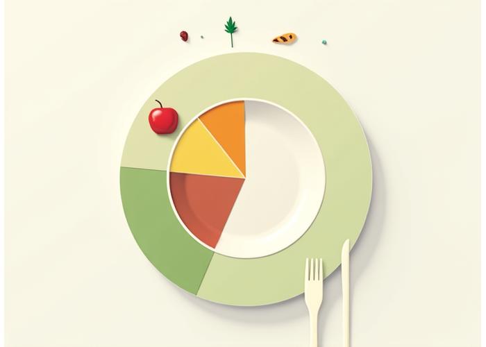 Un graphique circulaire infographique stylisé montrant la répartition de l'empreinte carbone pour différents composants alimentaires dans une assiette, avec des couleurs douces et des icônes explicites.