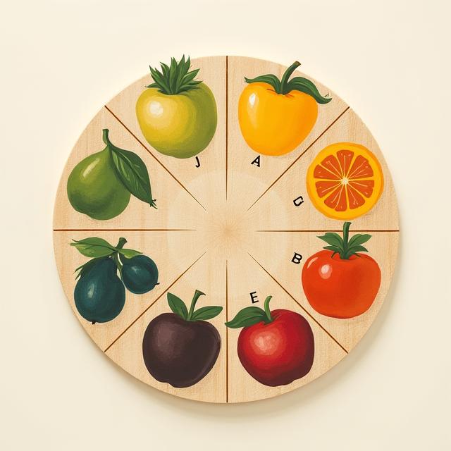 Une roue des saisons stylisée illustrant les fruits et légumes emblématiques de chaque quart de l'année, avec des couleurs chaudes et naturelles, sur un fond texturé rappelant une planche à découper en bois.