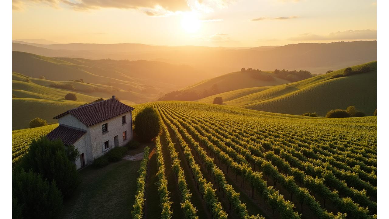 Vue aérienne d'une ferme française traditionnelle avec des champs cultivés en biodynamie et un bâtiment ancien, baignée par la lumière du soleil couchant, symbolisant l'harmonie entre tradition et écologie.