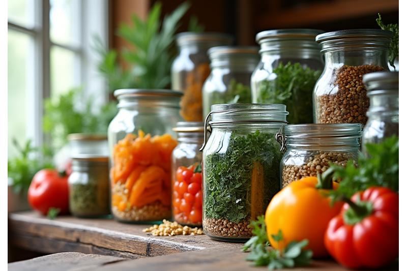 Des bocaux en verre et des contenants réutilisables, remplis d'ingrédients frais et secs, disposés ordonnément sur une étagère en bois dans une cuisine lumineuse, illustrant des solutions d'emballage zéro déchet.