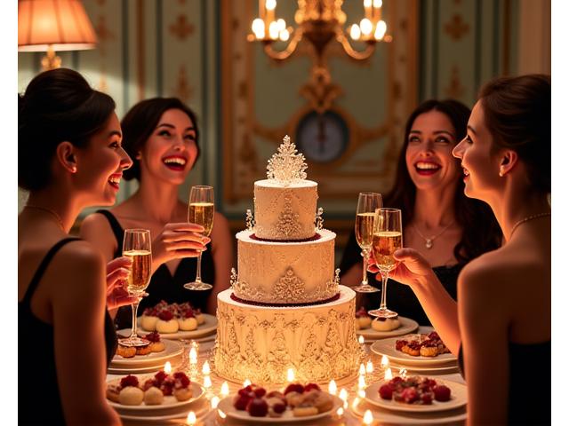 Célébration d'anniversaire avec décoration inspirée de la Belle Époque, gâteau central.