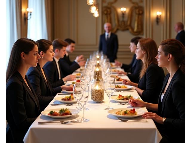 Dîner d'entreprise élégant dans un salon haussmannien, avec des plats gastronomiques.