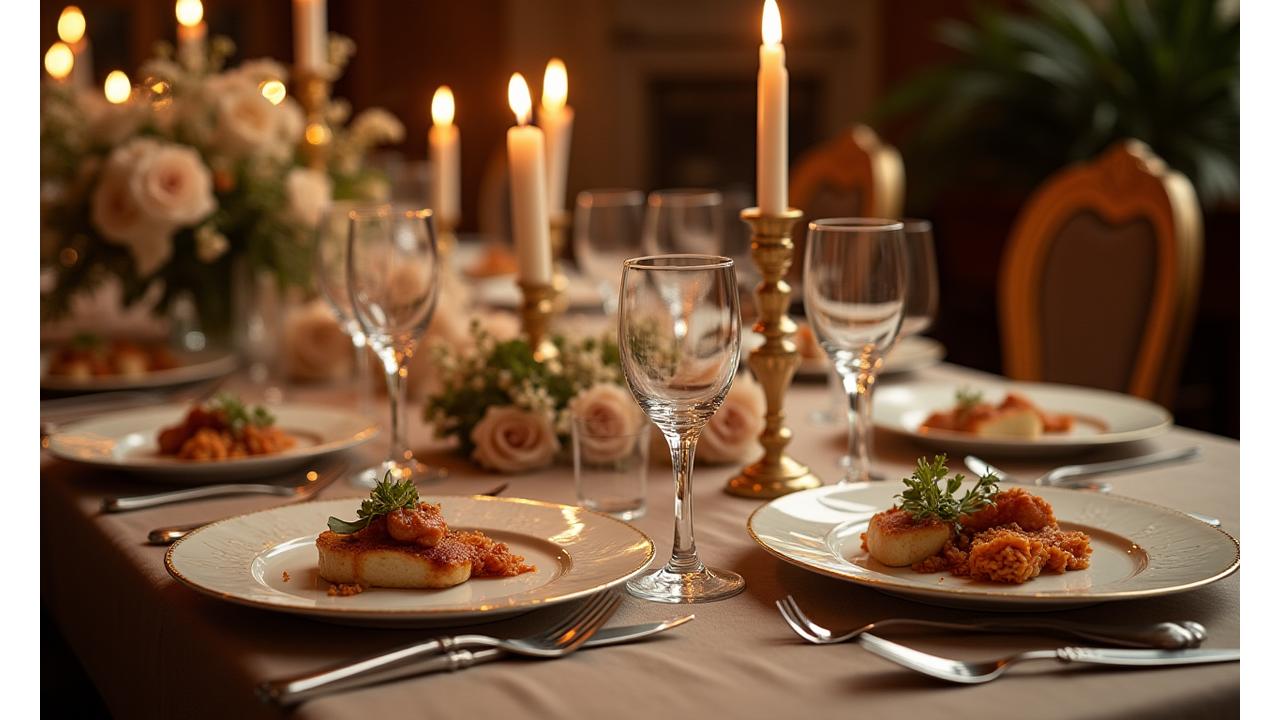 Vue élégante d'une table de banquet dressée pour un événement haut de gamme, avec des couverts anciens et des plats raffinés.