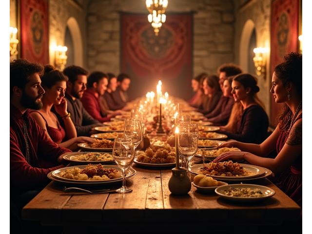 Banquet de mariage médiéval avec musiciens et larges tables en bois.