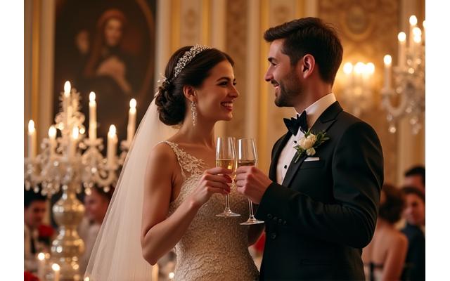 Couple élégant célébrant leur mariage dans un château, avec un décor somptueux.