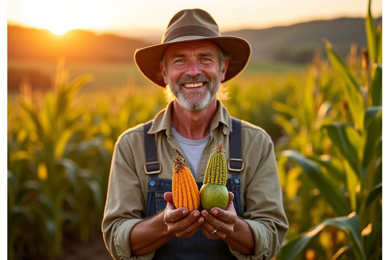 Jeune agriculteur dans un champ tenant des légumes rares, avec un sourire naturel