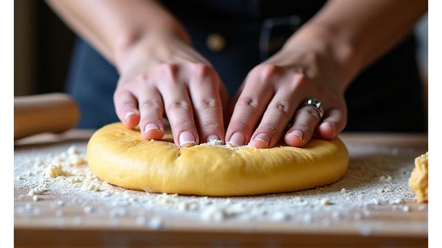 Main d'un chef pétrissant de la pâte sur une surface en bois, vue rapprochée