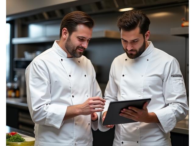 Chef consultant discutant avec un restaurateur dans une cuisine professionnelle moderne