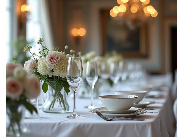Table de banquet élégamment dressée pour un événement, ambiance classique