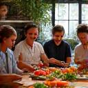 Groupe d'employés souriants lors d'un atelier team building