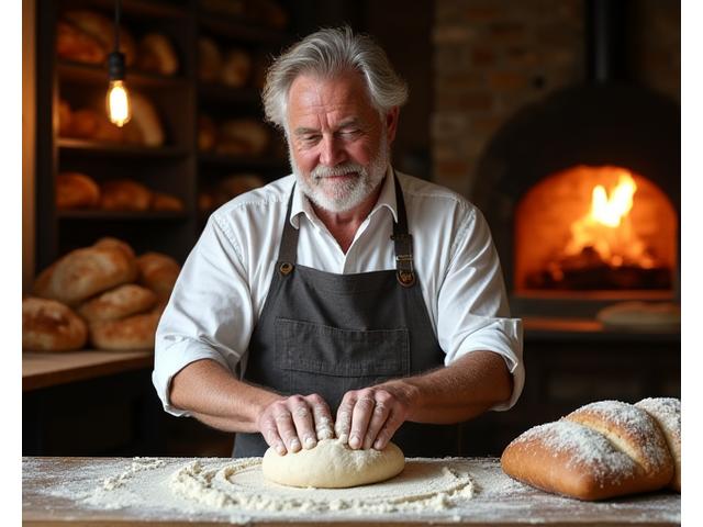 Un vieux boulanger, les mains enfarinées, pétrissant la pâte avec passion dans un fournil traditionnel.