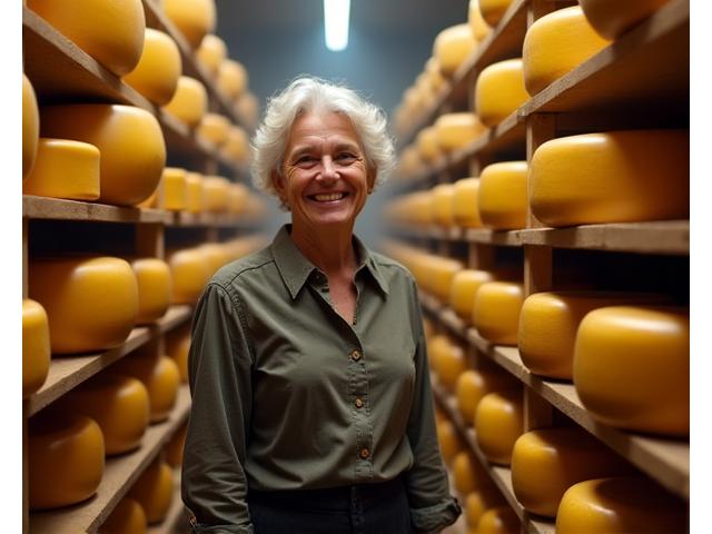 Une fromagère souriante, entourée de meules de fromage affinées dans une cave humide et sombre.