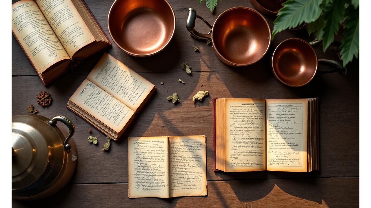 Une table de cuisine ancienne avec des livres de recettes d'époque, des épices et des ustensiles en cuivre, évoquant le patrimoine culinaire.