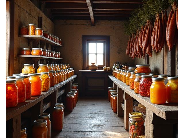 Des bocaux de conserves de légumes et fruits, des herbes séchées suspendues, et des viandes salées, dans un garde-manger rustique.