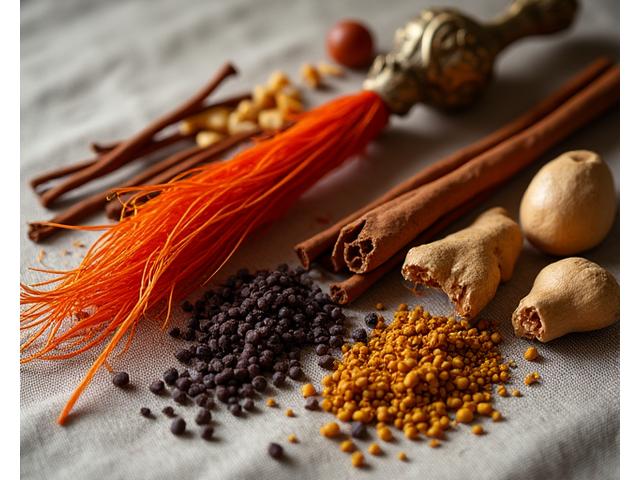 Un assortiment d'épices historiques comme le safran, la cannelle et le poivre long sur un tissu ancien.