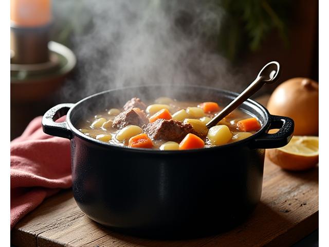 Un pot-au-feu fumant dans une cocotte en fonte, sur une table rustique.