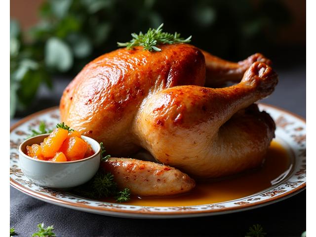 Poulet rôti garni de chutney de coing et herbes