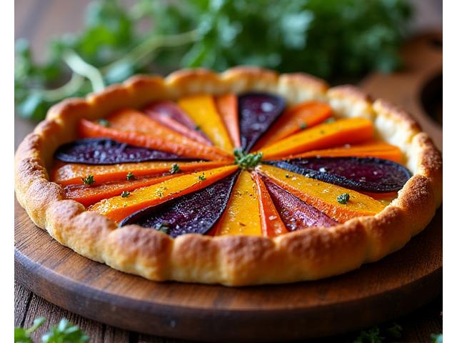 Tarte salée colorée avec des légumes racines anciens