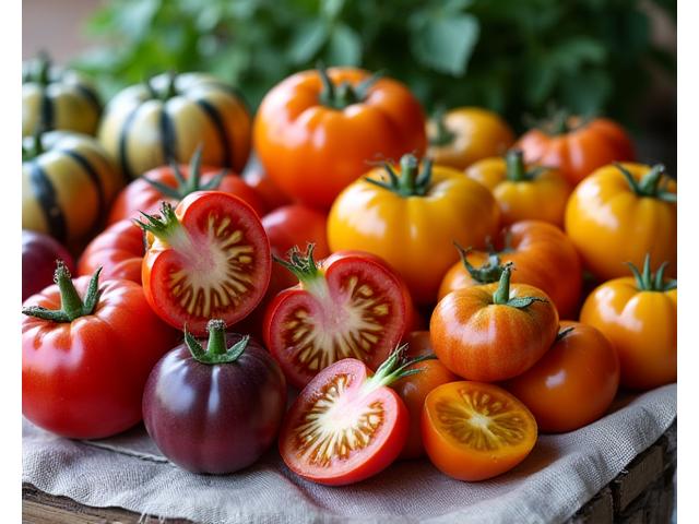 Tomates anciennes de toutes les couleurs sur une caisse en bois