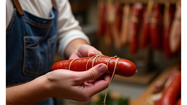 Artisan charcutier préparant des saucissons dans son atelier